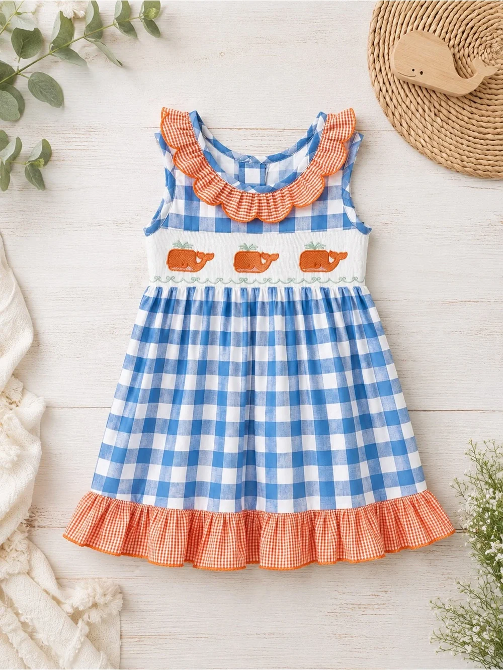 Rylee Faith Girls Gingham Whales Smock Dress W/ Orange Ruffle